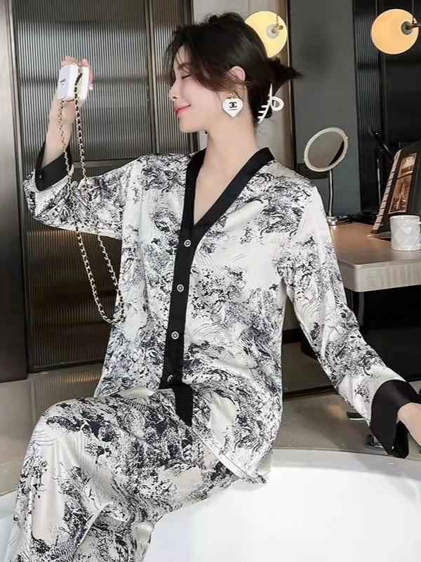 【西藏包邮】新款国潮水墨画居家服四件套长款印花冰丝睡衣高级性感