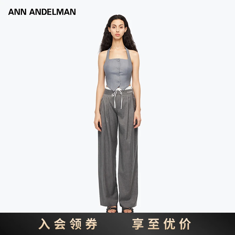 【明星同款】ANN ANDELMAN直筒松紧腰拼接条纹休闲西裤