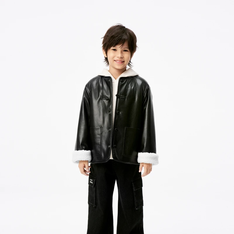 littlemoco童装25春装新款男女童新中式PU皮衣外套#KBE1COT005