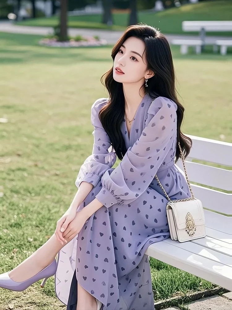 SS946新款女装法式高级感小香风海边度假紫色碎花收腰连衣裙