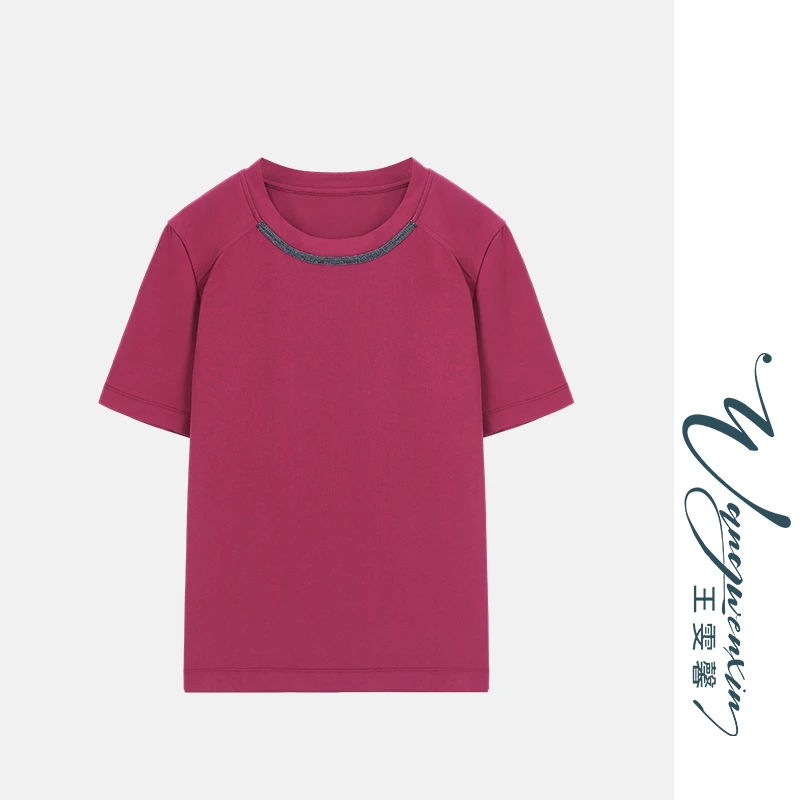 【王雯馨】“玫瑰醉了”设计感 领口珠链 圆领显瘦 显白短袖T恤