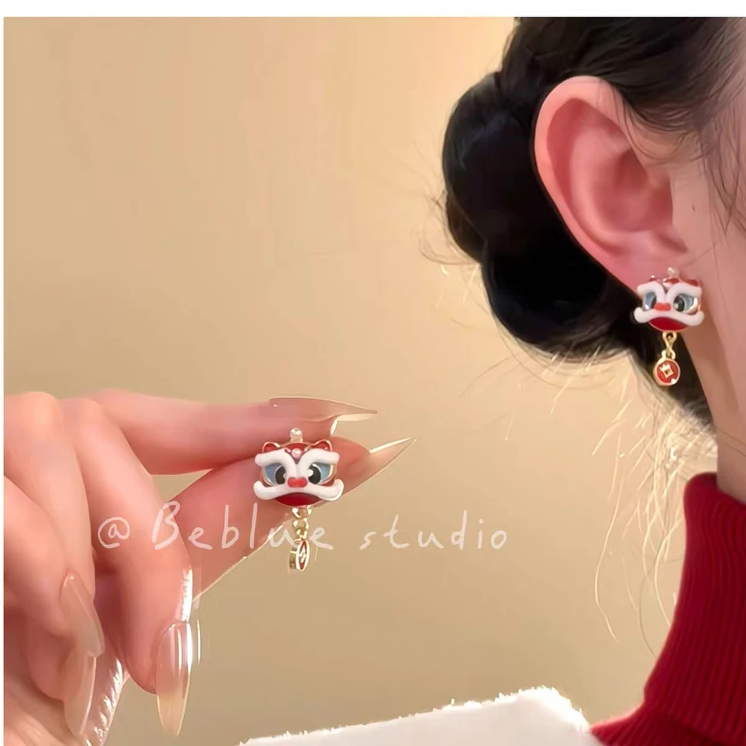 铜合金耳饰 新年红色醒狮珍珠耳钉中国风设计耳饰2025巨好看耳环