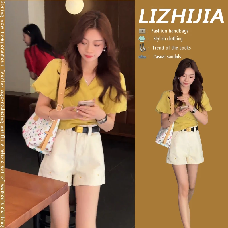 2025夏季新款设计感泡泡袖绑带V领短袖上衣百搭标牛仔短裤两件套