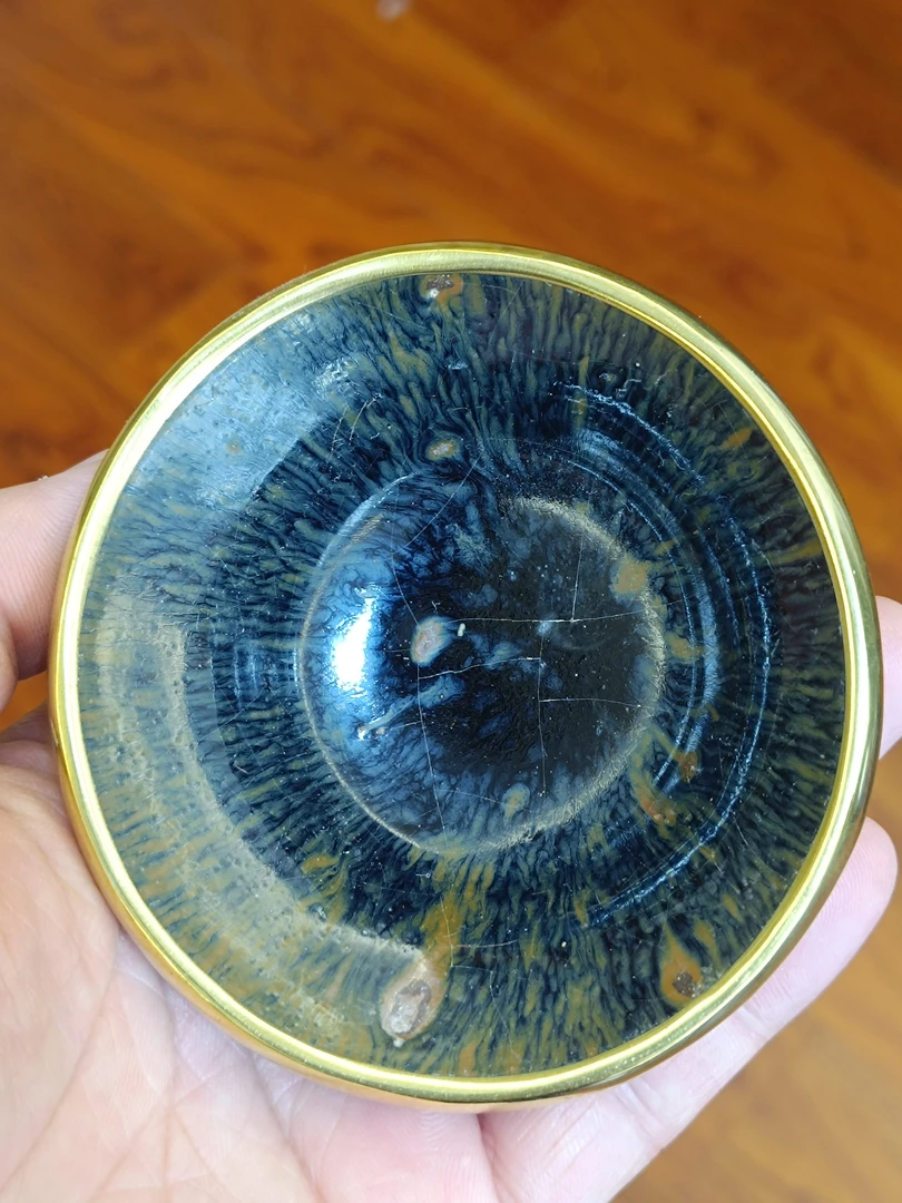 福清窑老盏，磨口包铜口，口径9高4厘米。