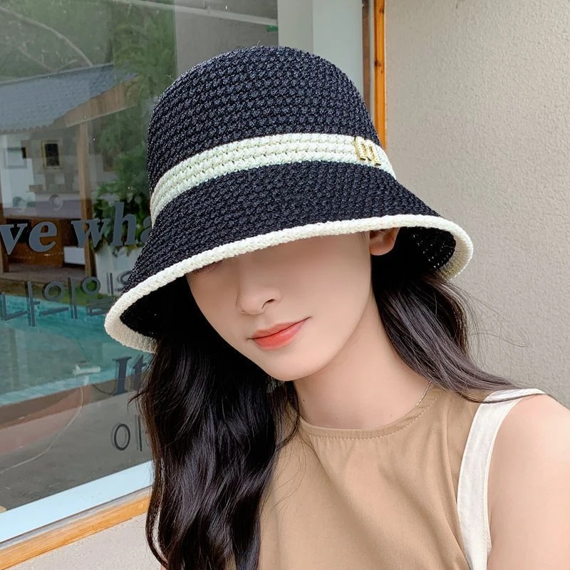 夏款针织镂空透气渔夫帽子女字母百搭休闲遮阳防晒帽薄款水桶盆帽