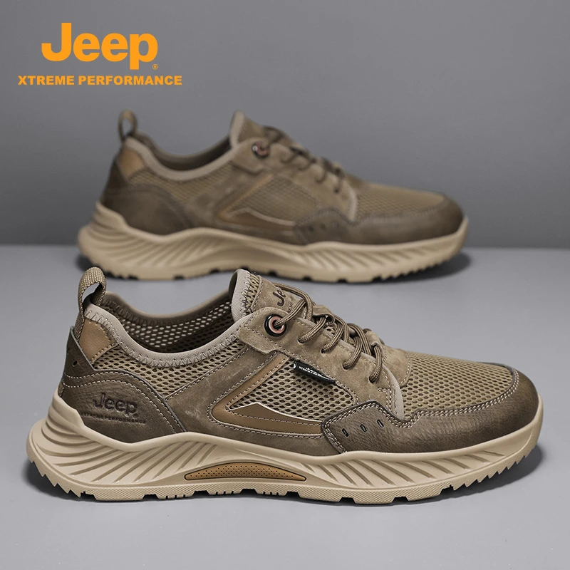 jeep吉普男鞋2025年新款软底男士运动鞋网面真皮透气秋季薄款鞋子