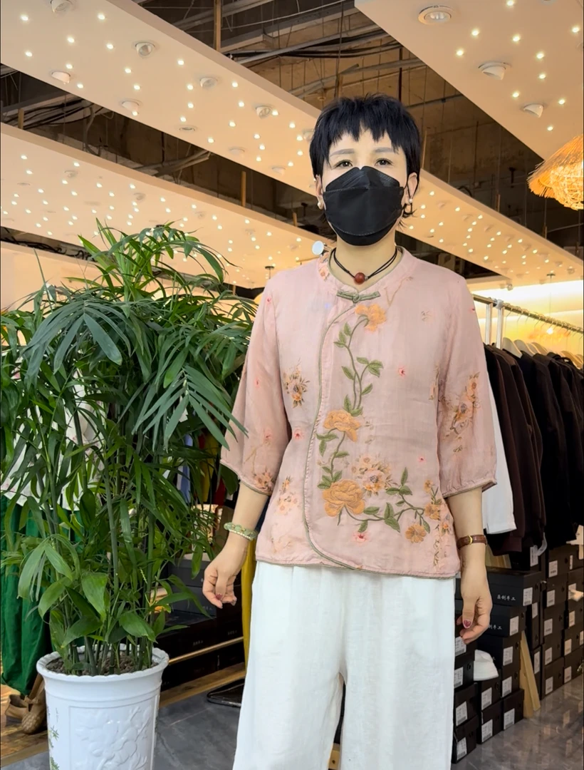 唐装中国风中袖气质七分袖夏季苎麻小衫