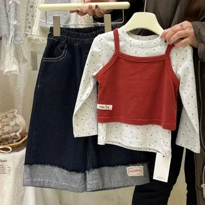 【三件套】套装韩版2025春季新款儿童韩系长袖T恤女宝宝卷边牛仔裤