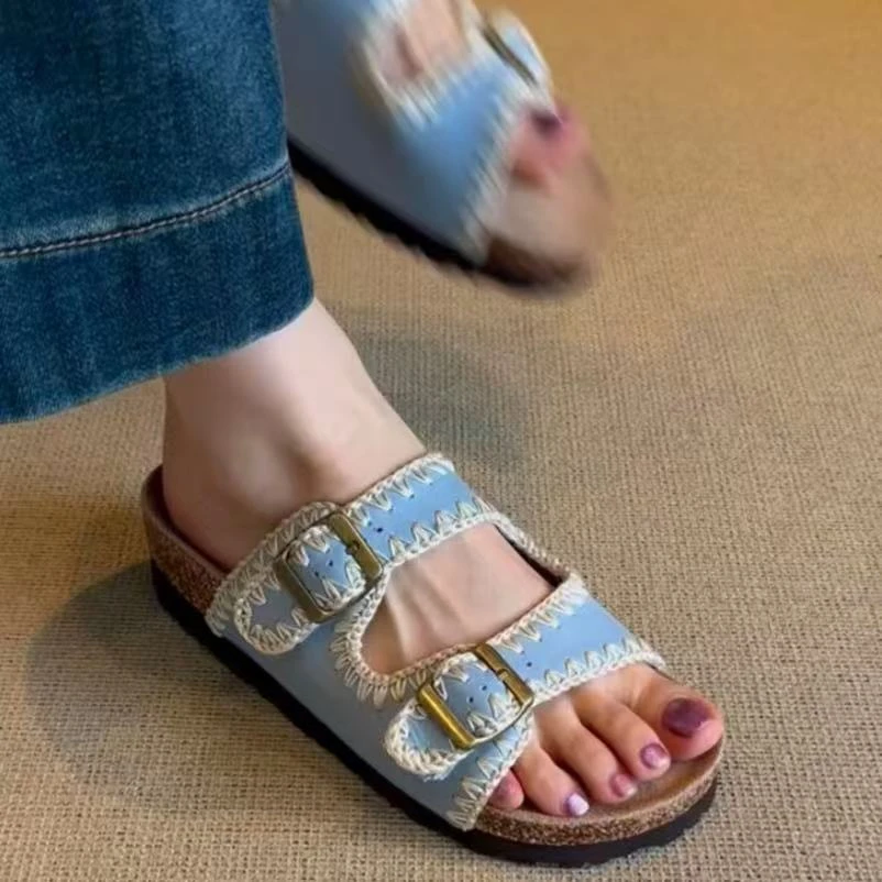 C7634 蓝色  夏季时尚2025新款复古勃肯厚底女拖鞋