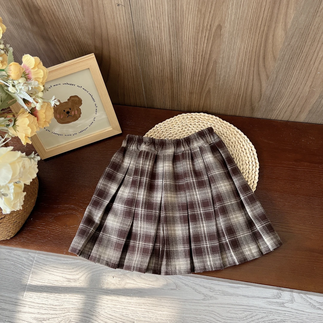 【软毛呢 不加绒 】7011（咖色）女童洋气百搭 咖色格子百褶 半身裙