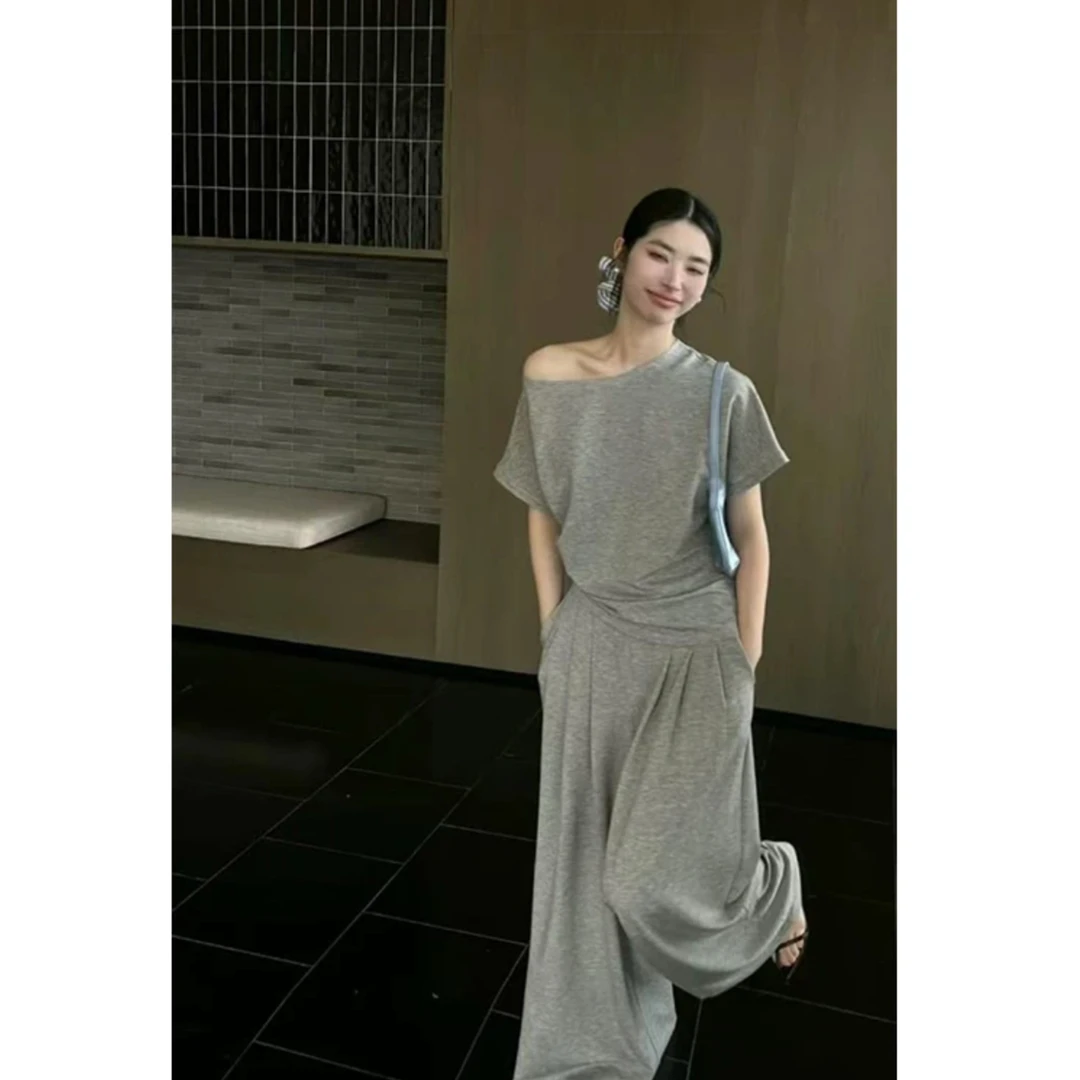 B305松紧腰阔腿裤套装女2025年夏季斜领露肩短袖T恤➕卫裤两件套