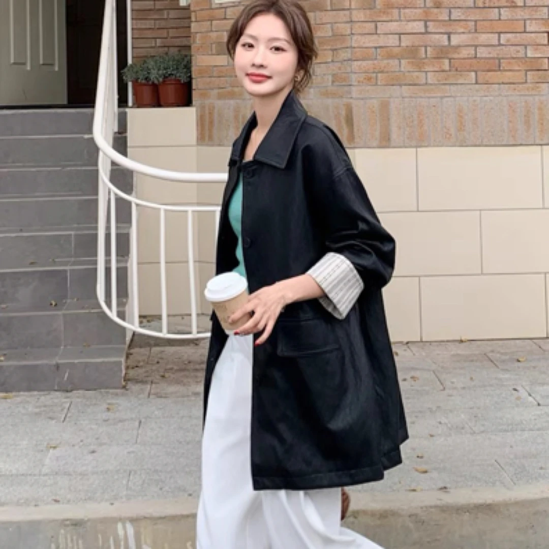 9375复古感皮衣外套拼接春秋