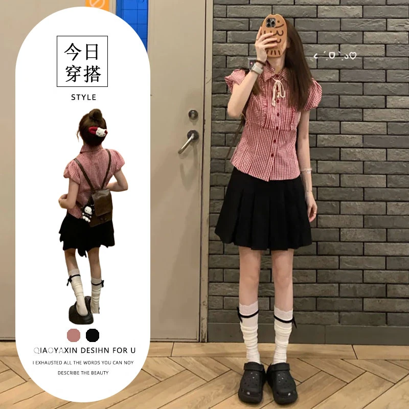 韩系POLO领小众粉色甜美系带衬衫女夏季小个子黑色百褶裙两件套装