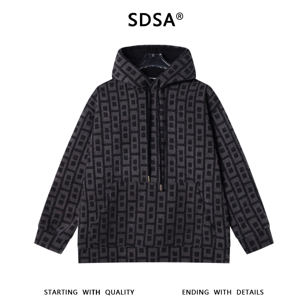 SDSA男士秋冬新款痞帅男装潮牌绒毛渐变图形抽绳连帽卫衣宽松休闲