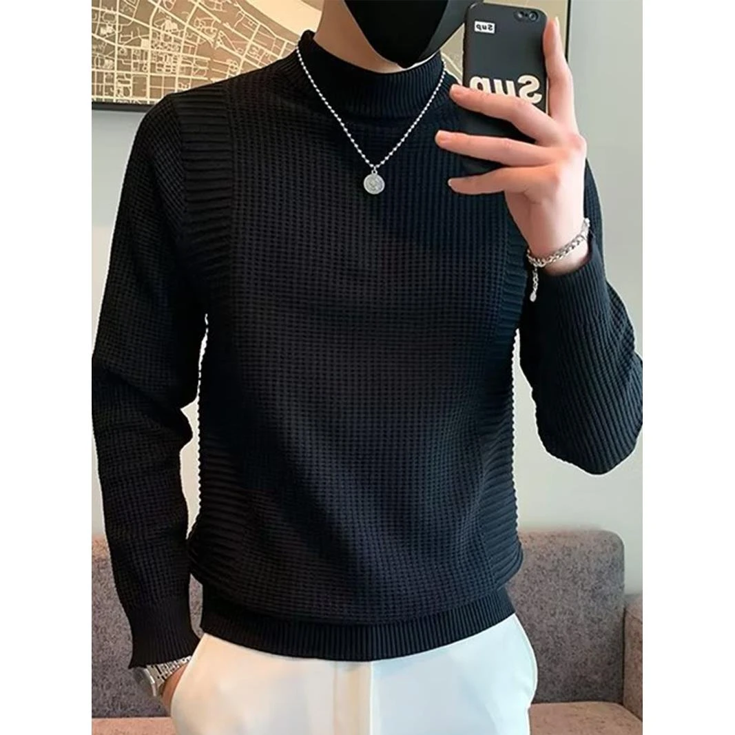 灏吉弧弹力修身休闲纯色半高领针织衫男秋冬打底上衣青年内搭毛衣