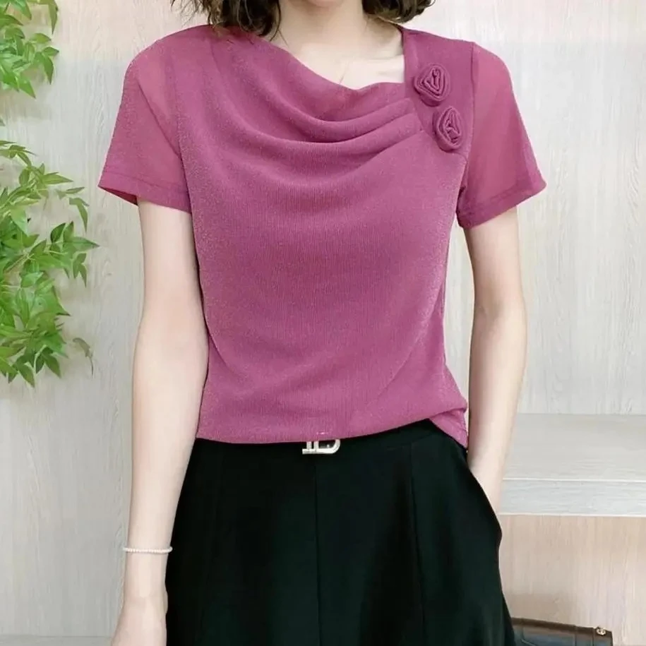 花朵堆堆领短袖小衫女遮肉显瘦夏季T恤气质上衣网纱减龄打底衫