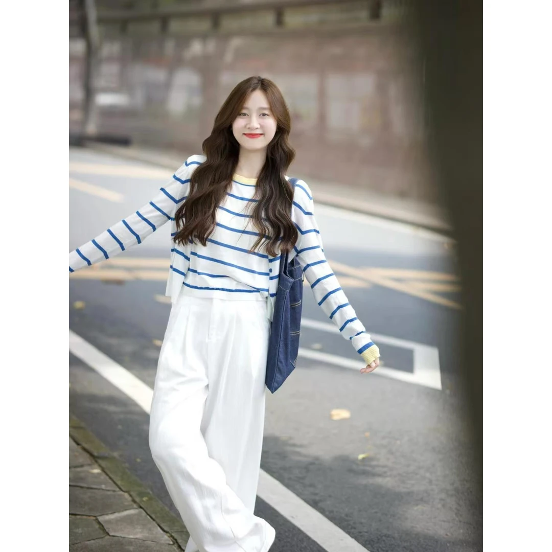 撞色条纹长袖针织开衫女早春穿搭2025新款慵懒风韩系上衣外搭套装