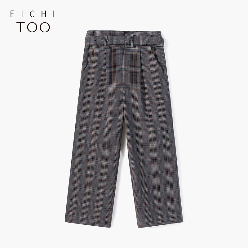 A爱居兔女长裤本布腰带通勤时尚格纹西装裤阔腿裤EKKTJ1MG03A