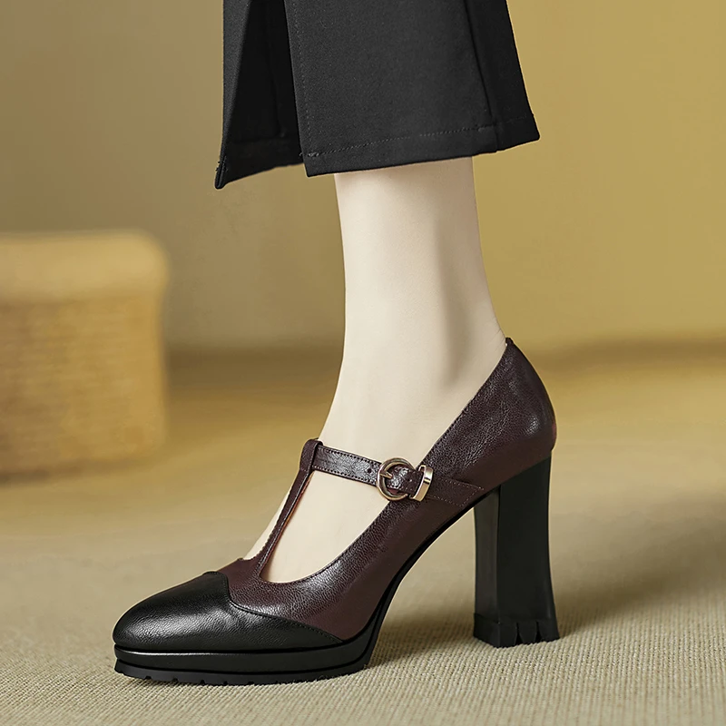 小个子手工女鞋9.5cm~尖头粗跟高跟鞋舒适扣带春季新款单鞋玛丽珍