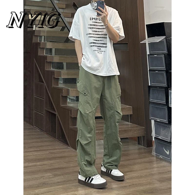 NYIG橄榄绿速干工装登山裤男夏季薄款褶皱降落伞兵裤子美式冲锋裤