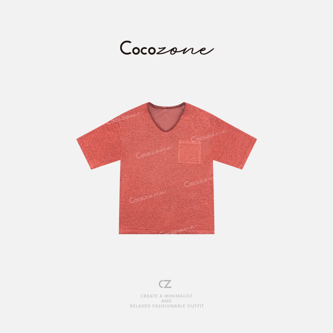 COCO ZONE 刘一一【亚麻】复古随性卷边V领口袋针织T恤CD2A0882