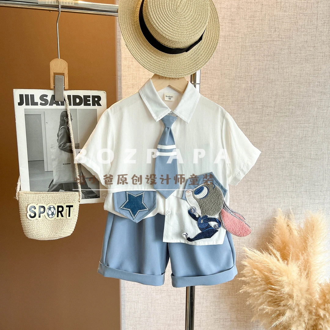 现货啵小爸【冒险兔兔】2025夏季男童韩系兔子贴布衬衫蓝色裤子套装