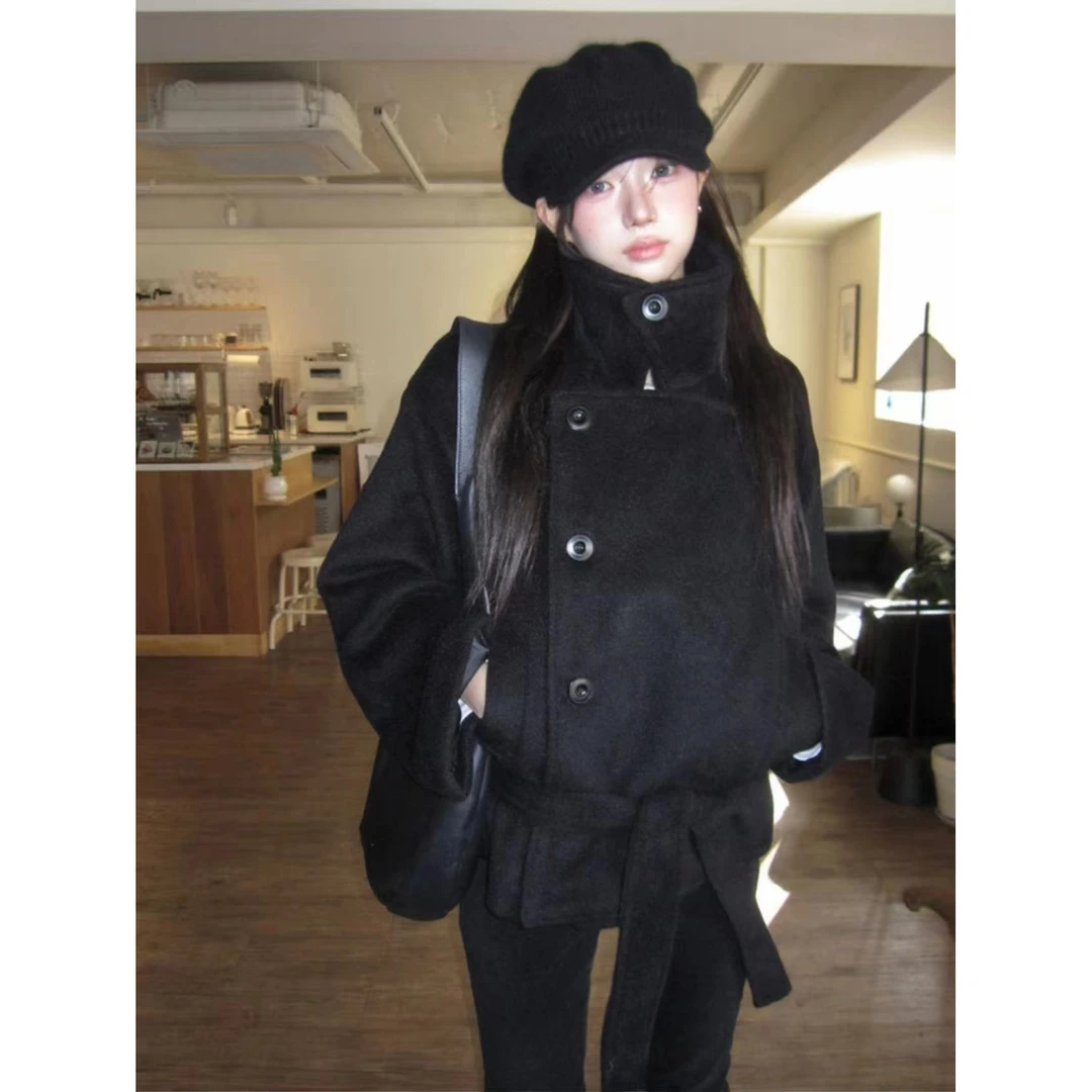 安嘉儿 /韩系复古风立领毛呢外套女冬季新款系带双排扣气质大衣