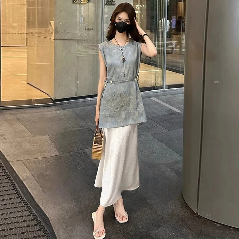 新中式国风连衣裙套装女夏季新款洋气提花无袖上衣半身裙两件套潮