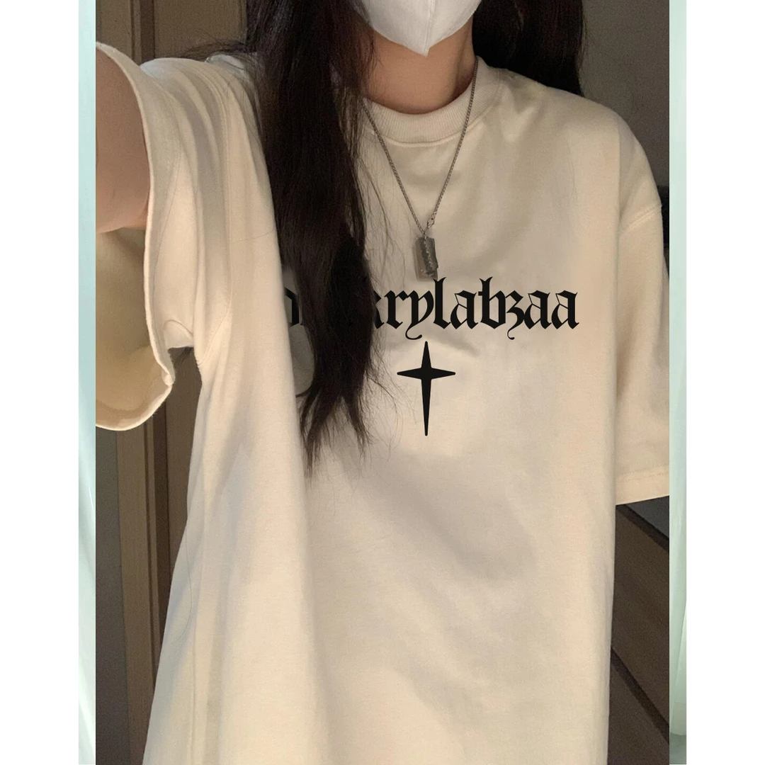 Labzaa潮牌春款打底内搭上衣ins哥特式星星字母印花纯棉短袖T恤女