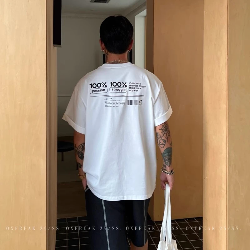 OXFREAK「英文标语印花」300g重磅美式灰色短袖t恤男宽松圆领半袖