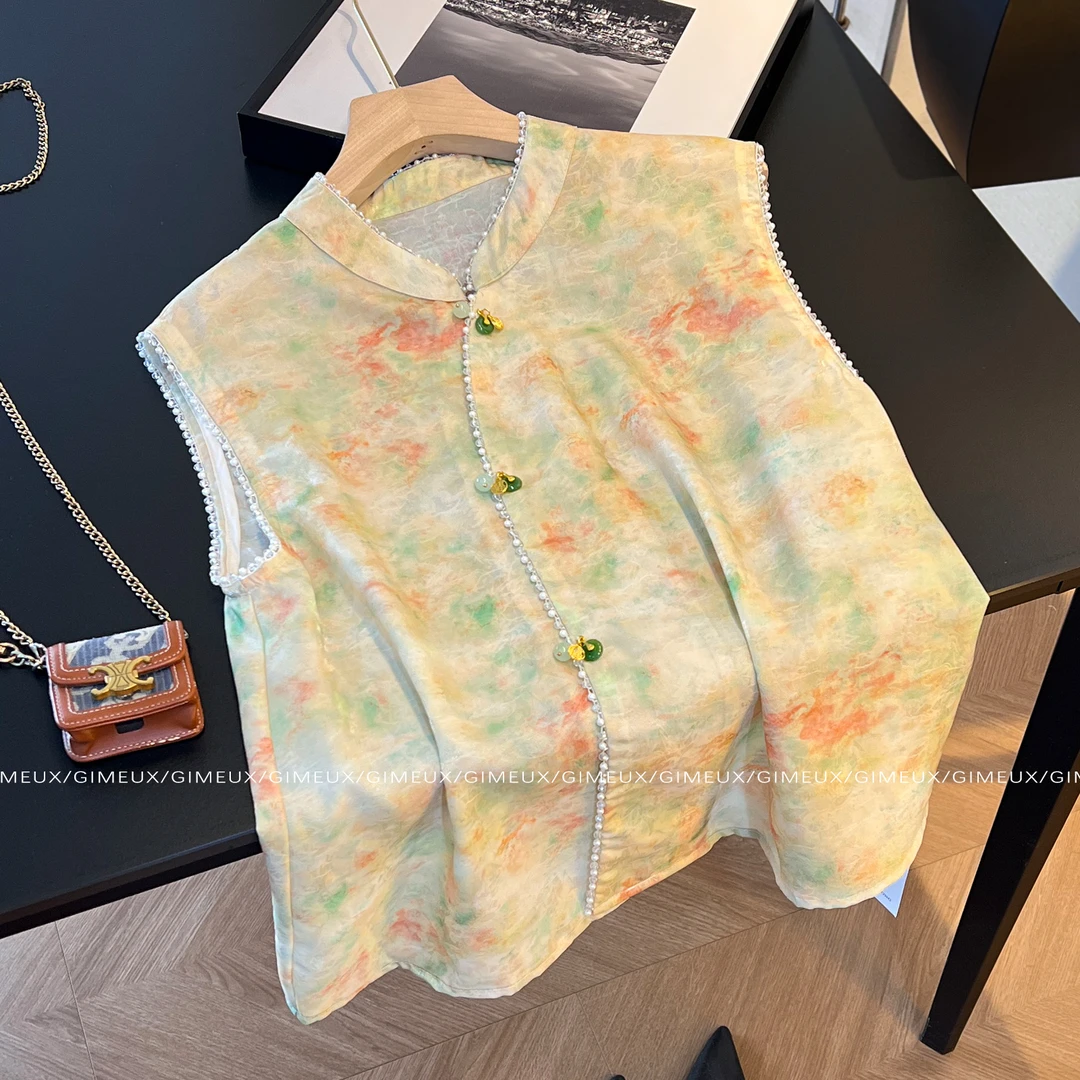 新中式国风高端碎花立领无袖衬衫女2025夏季新款斜襟扎染减龄背心