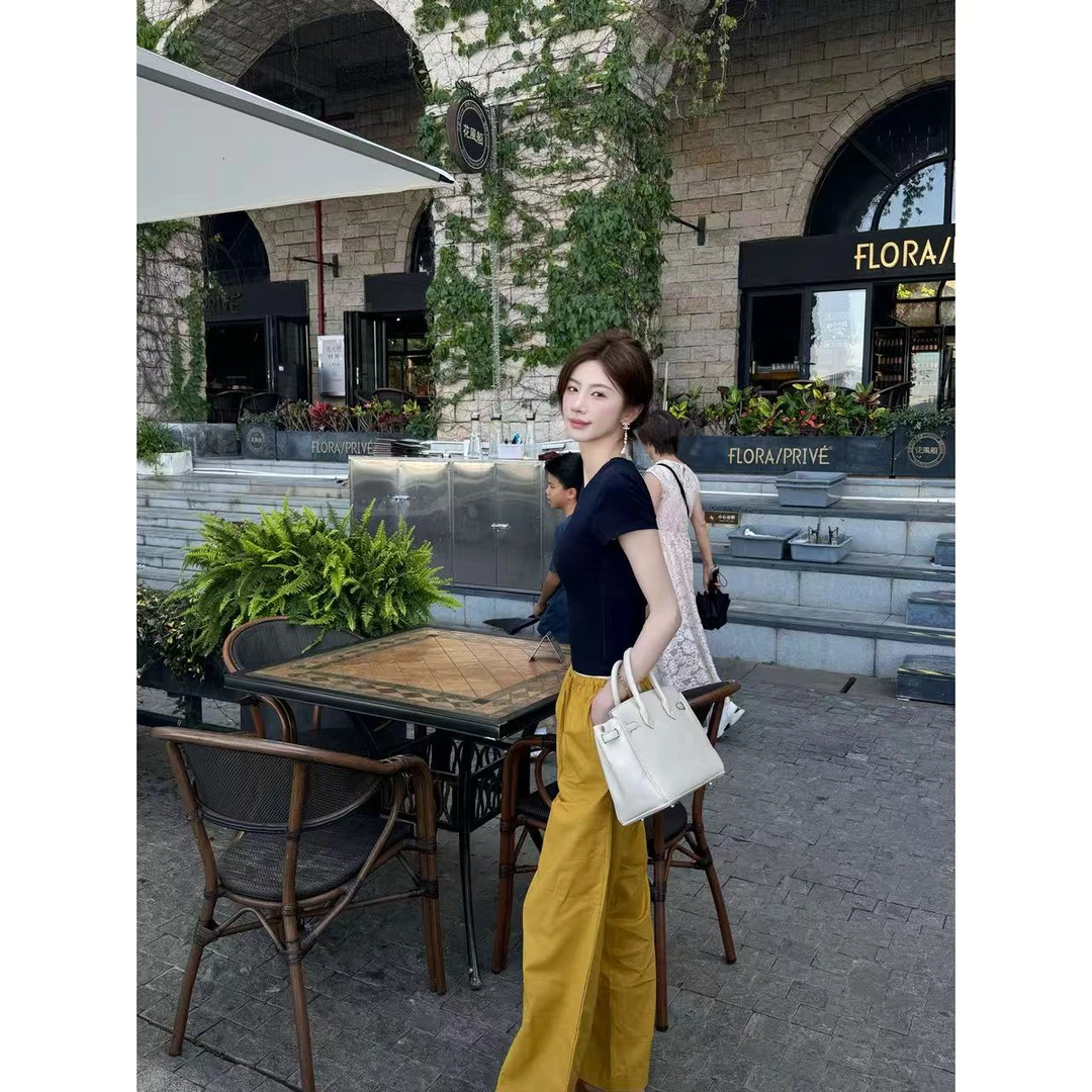 【Cikky定制】正肩短袖收腰T恤上衣松紧抽绳阔腿裤宽松休闲长裤套装