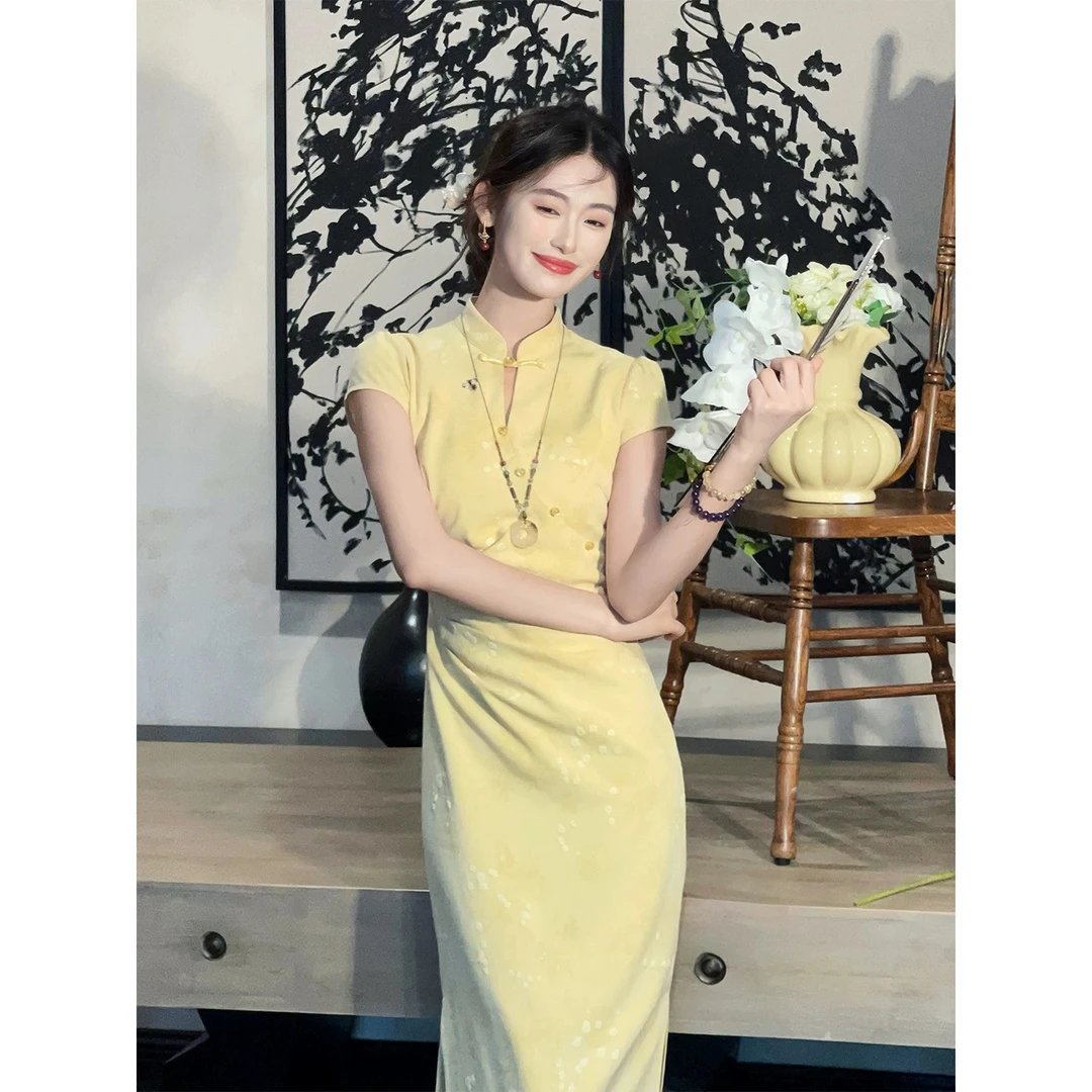 【如初】国风新中式黄蓝竹叶底纹梅花连衣裙优雅气质旗袍裙