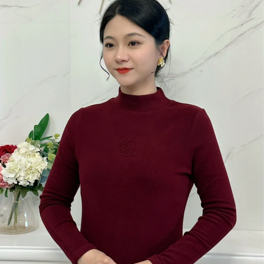 [黛汐冰]玫瑰打底秋冬内搭保暖含羊毛蚕丝妈妈装中领上衣气质