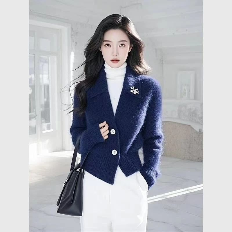 SS2431藏蓝色毛衣外套女2025秋冬新款软糯慵懒风气质针织开衫外穿