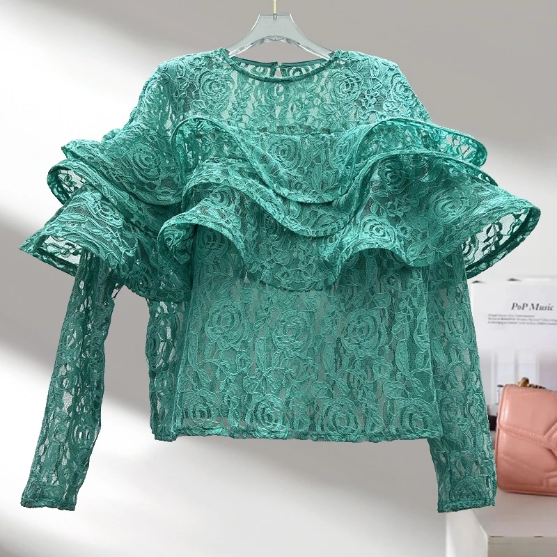 法式洋气2025春季新款优雅高端时尚层层立体荷叶边蕾丝衬衫