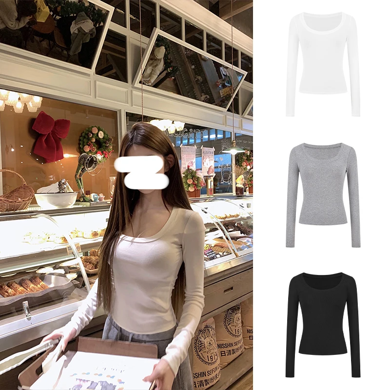 Moses Queen/魔西女王大U领掐腰显大长袖T恤上衣修身显瘦打底衫女