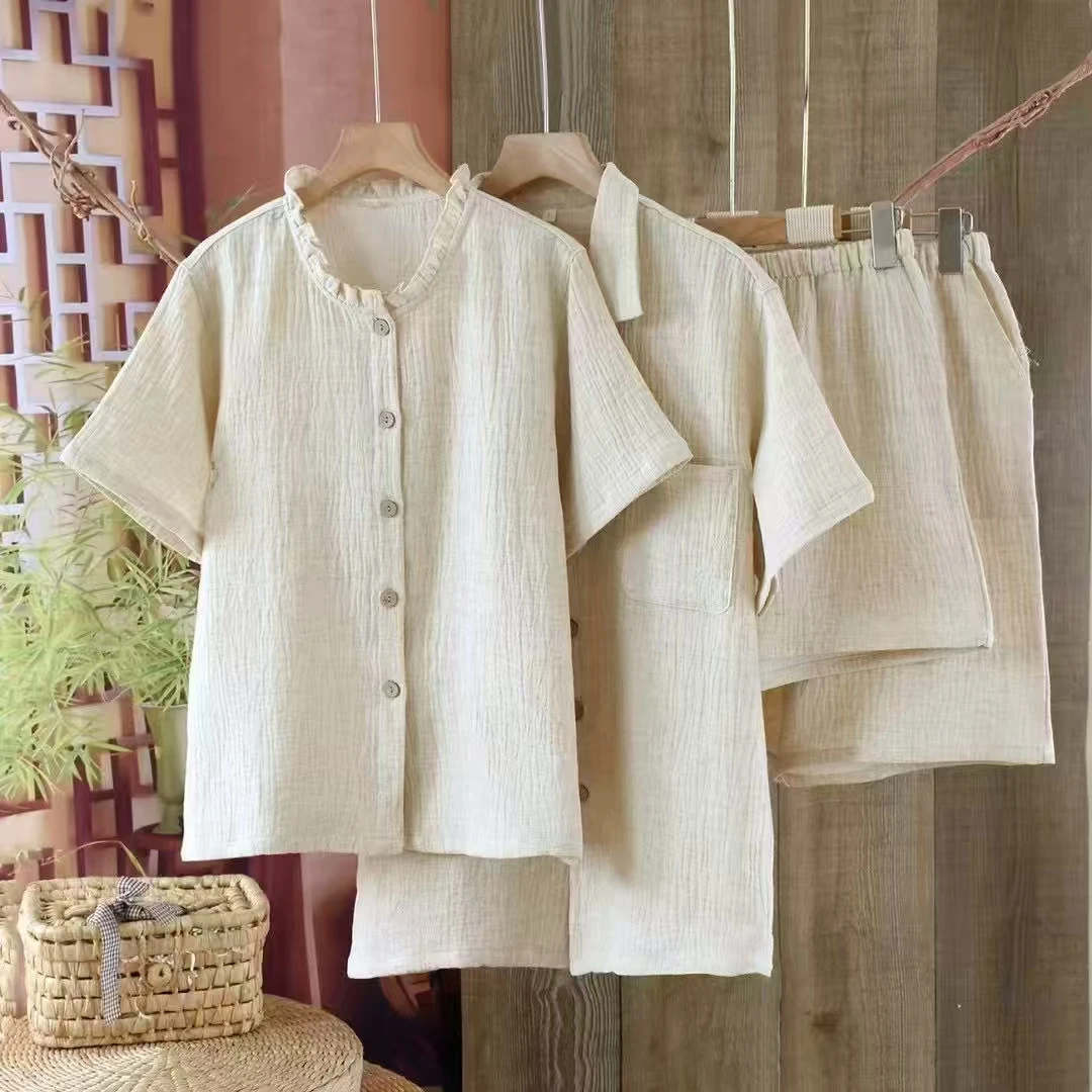 女款 棉 麻 睡衣夏季薄款短袖短裤女士复古亚麻宽松套装