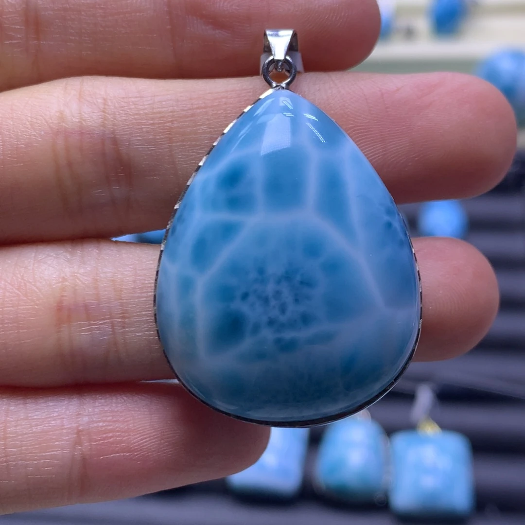 针钠钙石（海纹石）银S925镶嵌吊坠(不含链)水滴吊坠色差略异