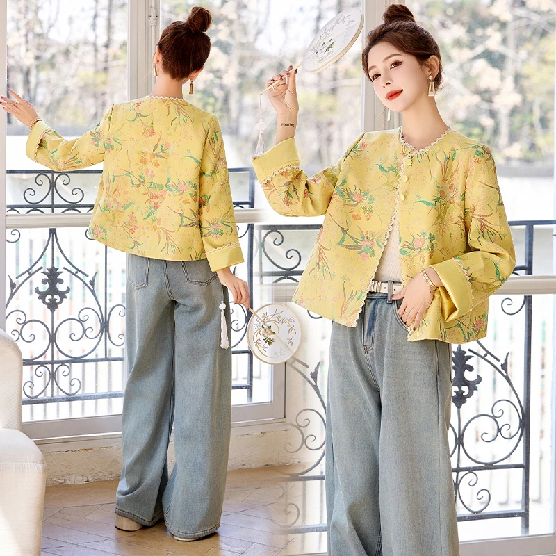 新中式国风复古高档提花蕾丝拼接碎花宽松短款外套上衣春季爆款