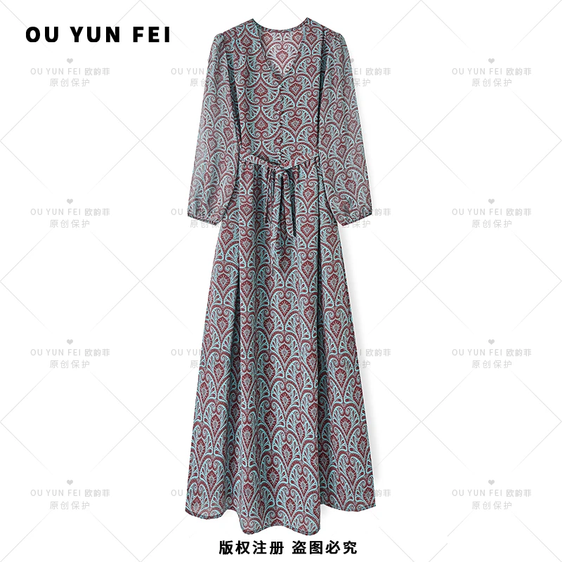 高级感连衣裙女新款气质显瘦穿搭时尚洋气印花长裙AB1003