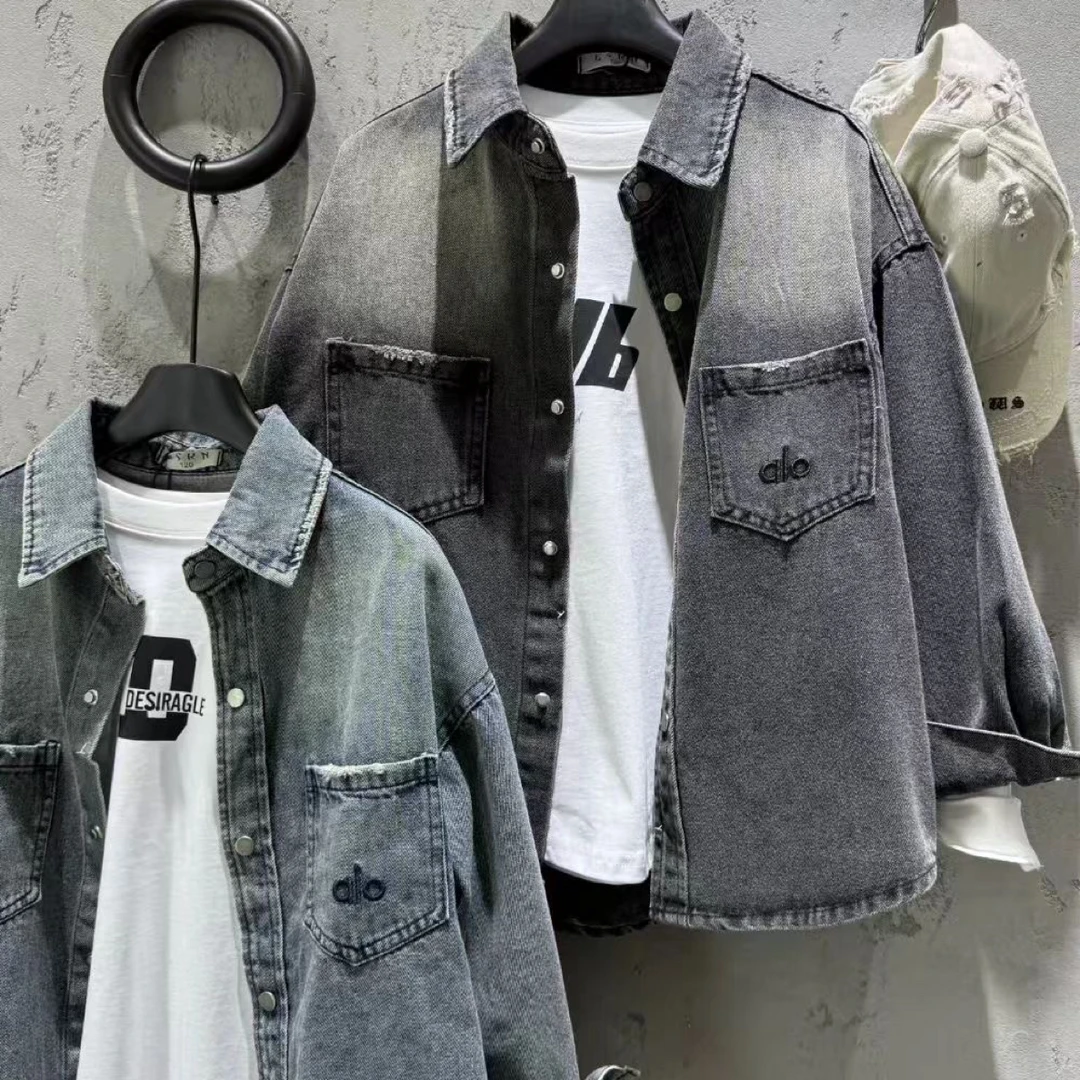 宽松男童男女通用极简风春秋T恤圆领休闲长袖牛仔