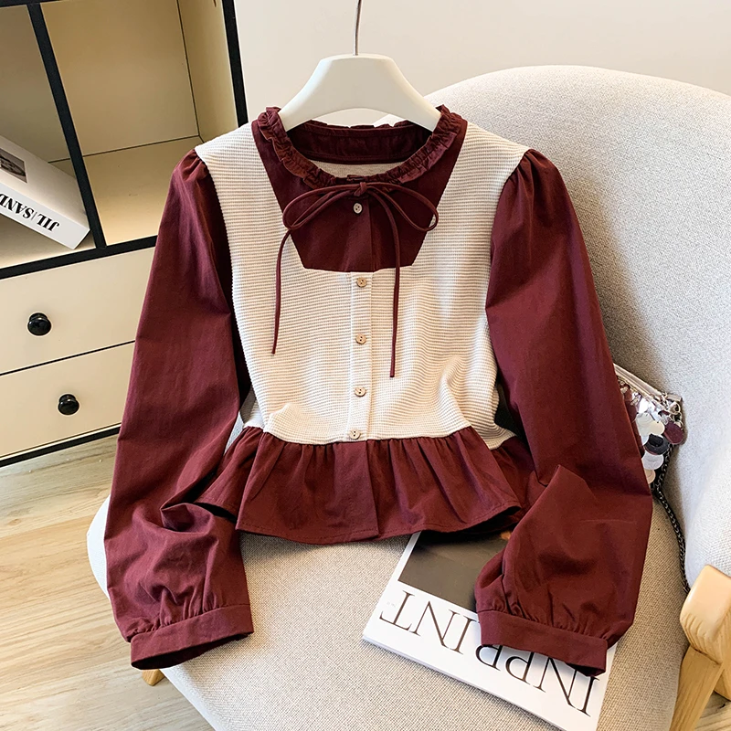 假两件针织马甲拼接衬衫女早秋美拉德穿搭独特减龄木耳边显瘦上衣