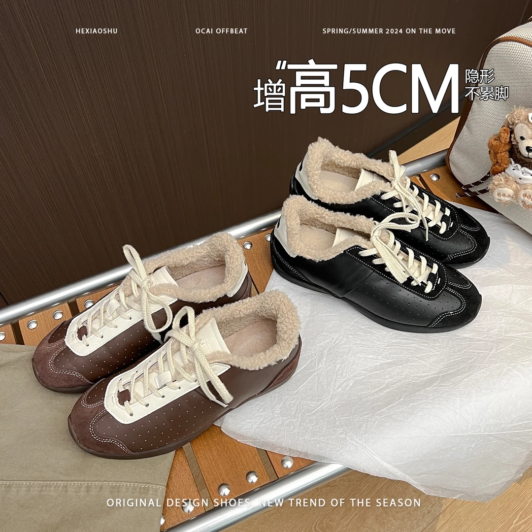 真皮复古圆头平底内增高德训鞋女2025加绒保暖休闲百搭运动阿甘鞋