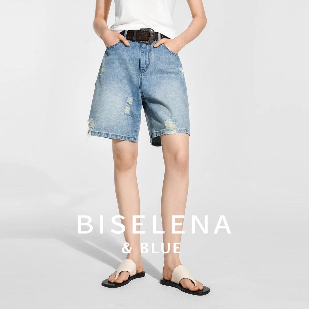 贝茜妮【丹宁回潮】磨破短裤复古水洗猫须中裤高腰直筒显瘦七分裤