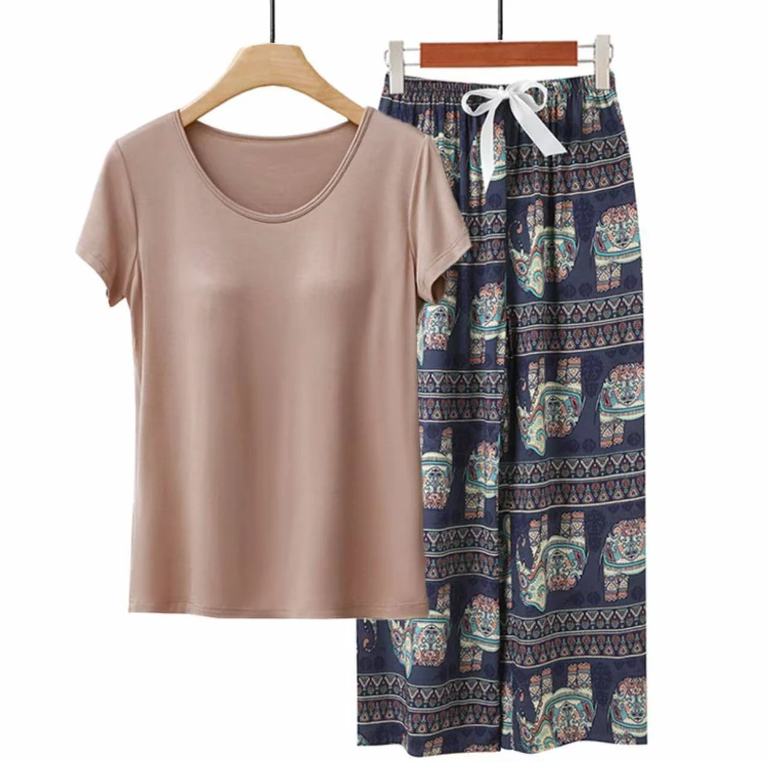 Z792 胸垫睡衣女跨境亚马逊春夏秋莫卡其+彩象