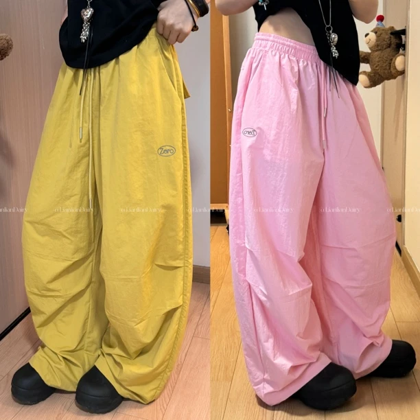 脸脸 夏季薄款休闲透气宽松褶皱工装裤伞兵裤