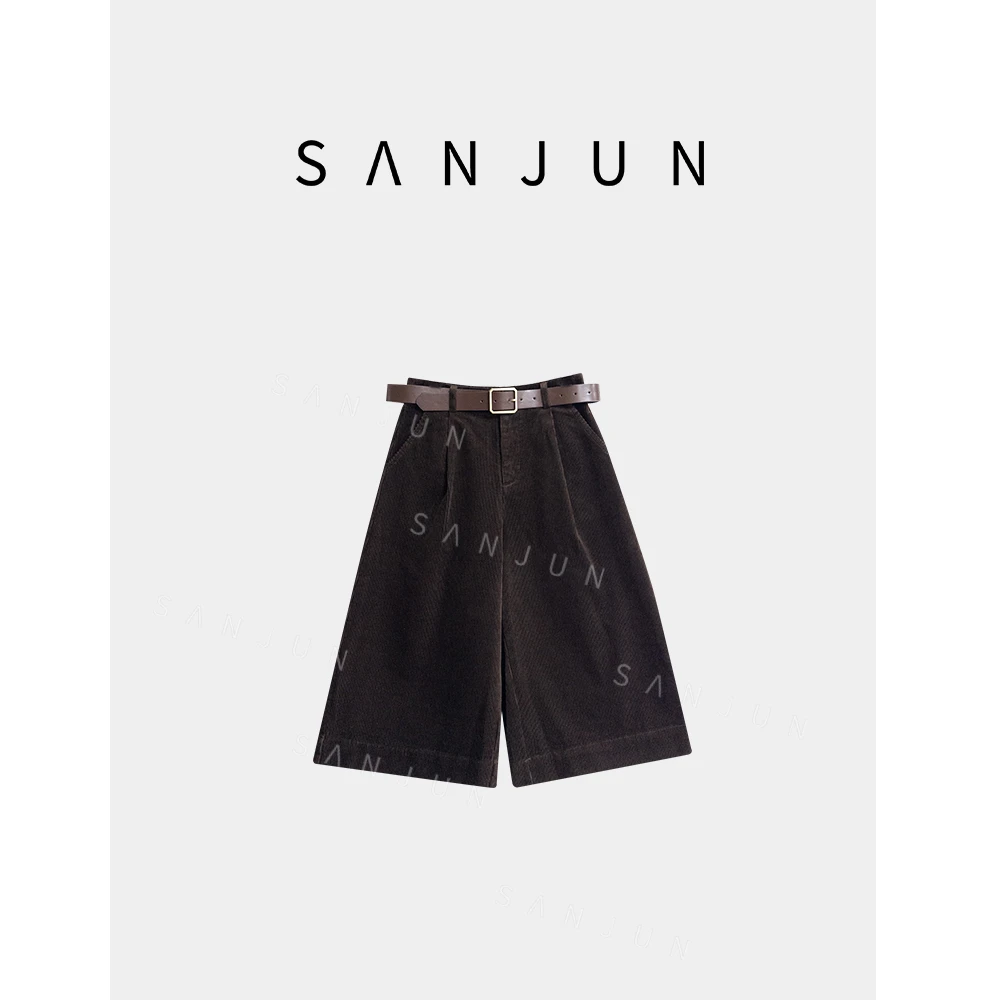SANJUN 高端定制 新款纯色直筒阔腿七分裤（配腰带）66A51