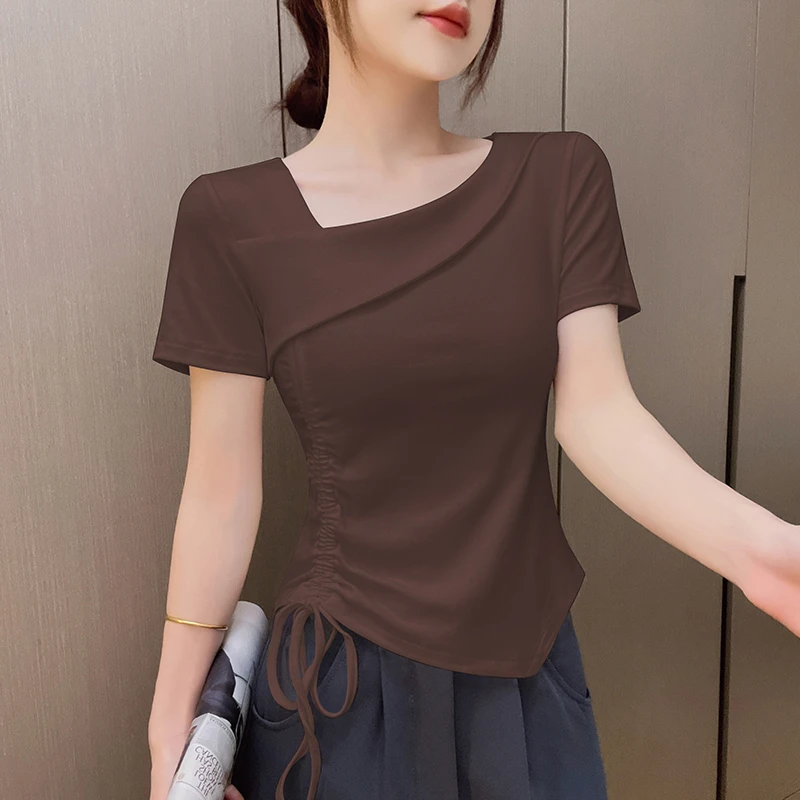 2025夏季新款性感咖色不规则领口白色短袖T恤女内搭显瘦体恤上衣