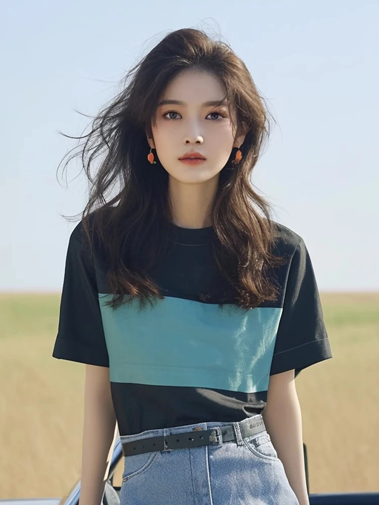 韩系chic洋气独特撞色短袖t恤女夏季设计感独特别致洋气减龄上衣